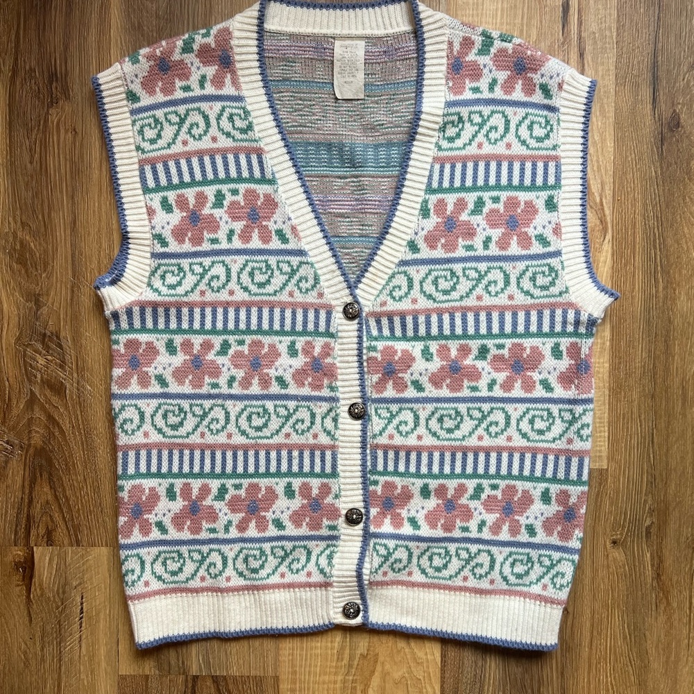 Vintage 80s pastel Floral Patterned Sleeveless Sweater Vest
